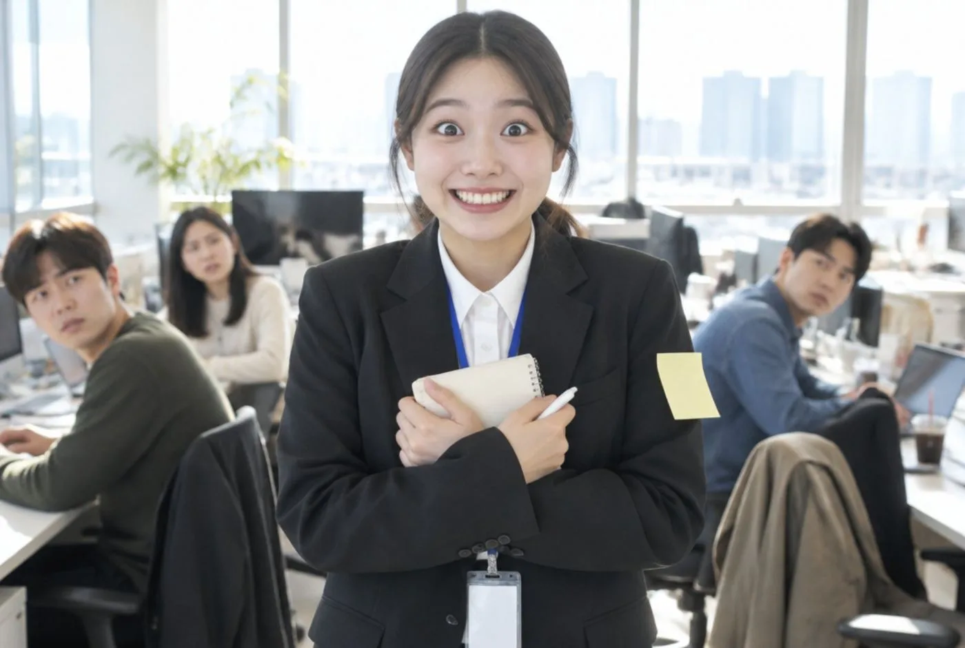 사원증을 맨 신입 마케터가 햇살 드는 광고대행사 사무실에서 정면을 보며 웃는 모습
