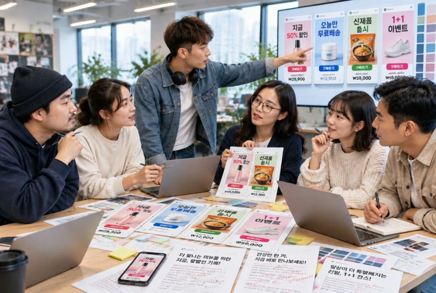 인애드 마케팅 TF팀 6명이 광고 시안을 펼쳐 놓고 회의하는 모습